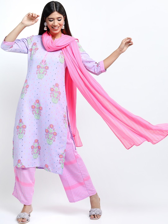 Vishudh - Women Lavender & Pink Ethnic Motifs Printed Kurta with Palazzos & Dupatta