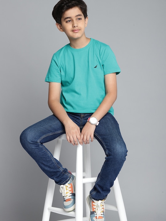 Nautica - Boys Turquoise Blue Solid Pure Cotton T-shirt