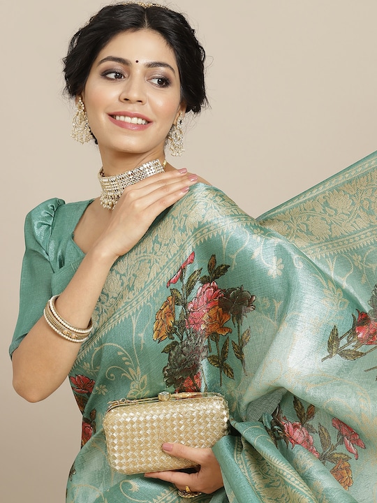 SIRIL - Sea Green Floral Art Silk Khadi Saree