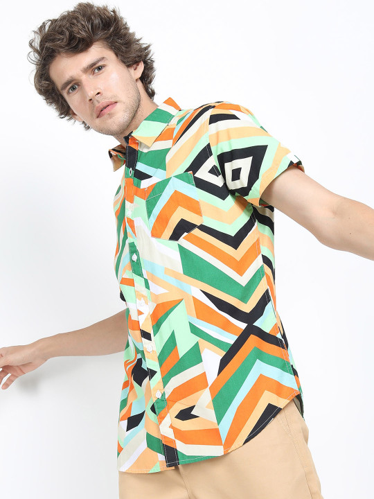 KETCH - Men Green & Orange Slim Fit Geometric Printed Cotton Casual Shirt