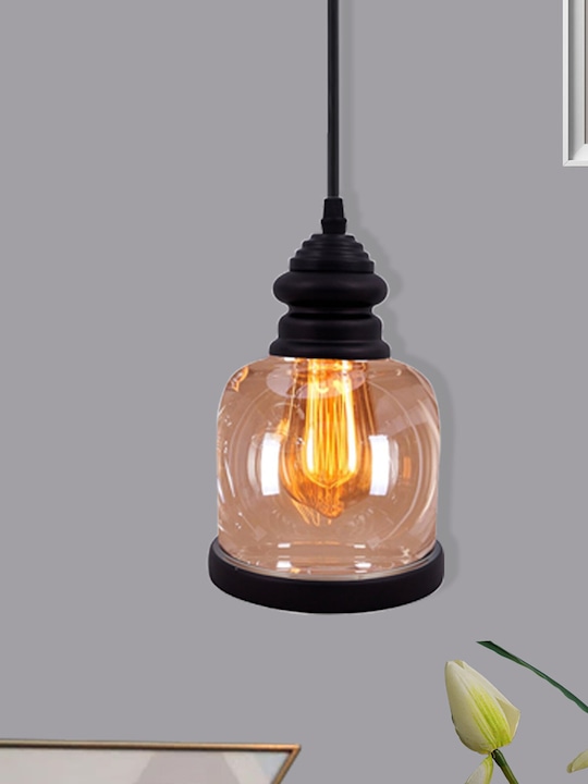 Homesake - Black Adjustable Hanging Lighting With Amber Glass Jar Shade