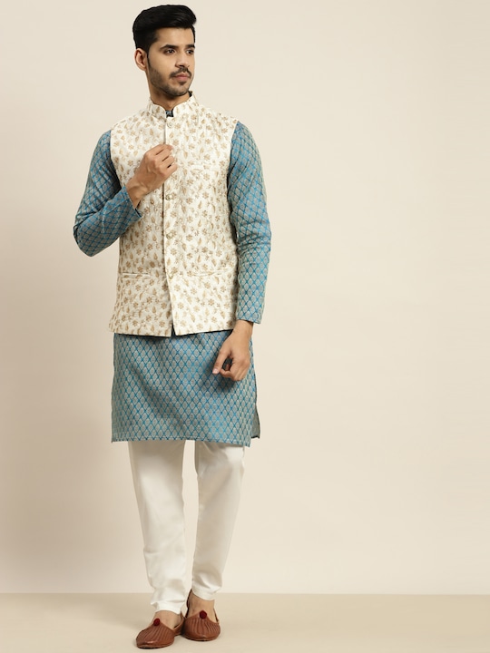 SOJANYA - Men Blue Ethnic Motifs Kurta with Pyjamas & Nehru Jacket