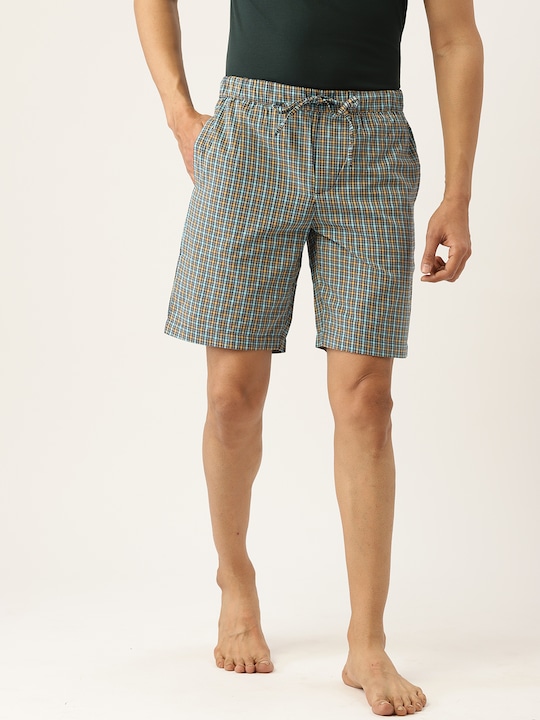ETC - Men Blue & Mustard Yellow Pure Cotton Checked Lounge Shorts