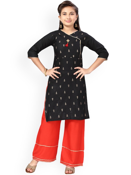 Aarika - Girls Black & Red Printed Angrakha Pure Cotton Kurta with Palazzos