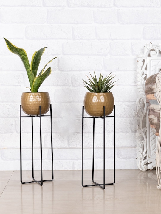 Homesake - Set Of 2 Gold-Plated Metal Hammered Plant Pot With Stand Planters