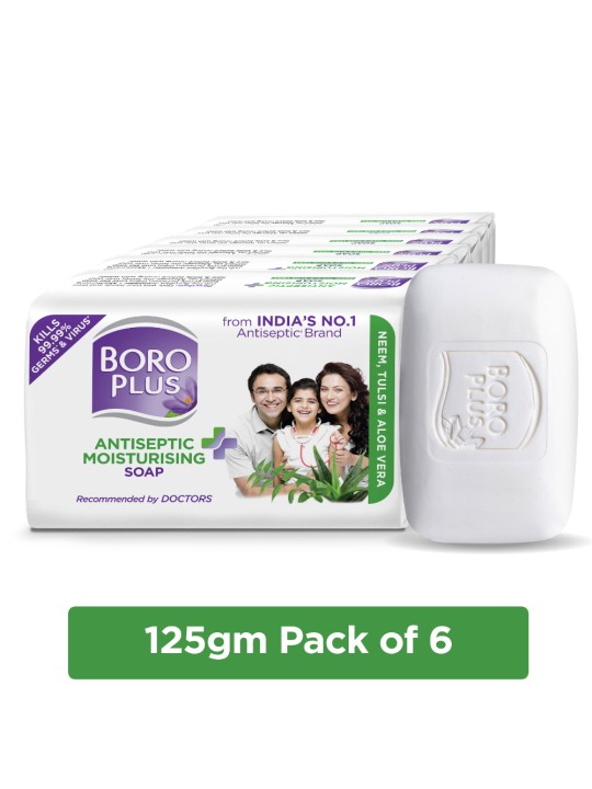 BOROPLUS - Set of 6 Antiseptic & Moisturising Soap with Neem Tulsi & Aloe Vera - 125 g Each