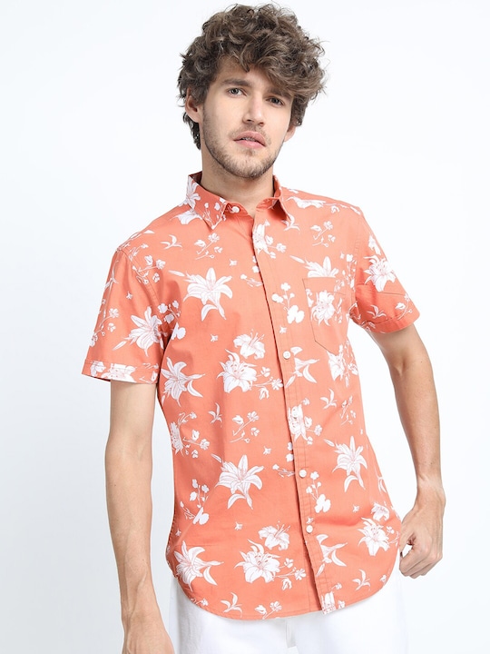 LOCOMOTIVE - Men Coral Pink Slim Fit Floral Printed Casual Shirt