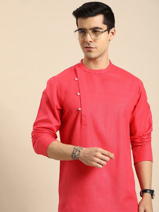 Anouk - Men Coral Red Solid Mandarin-Collar Angrakha Kurta