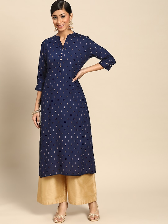 GERUA - Women Navy Blue & Golden Ethnic Motifs Printed Kurta