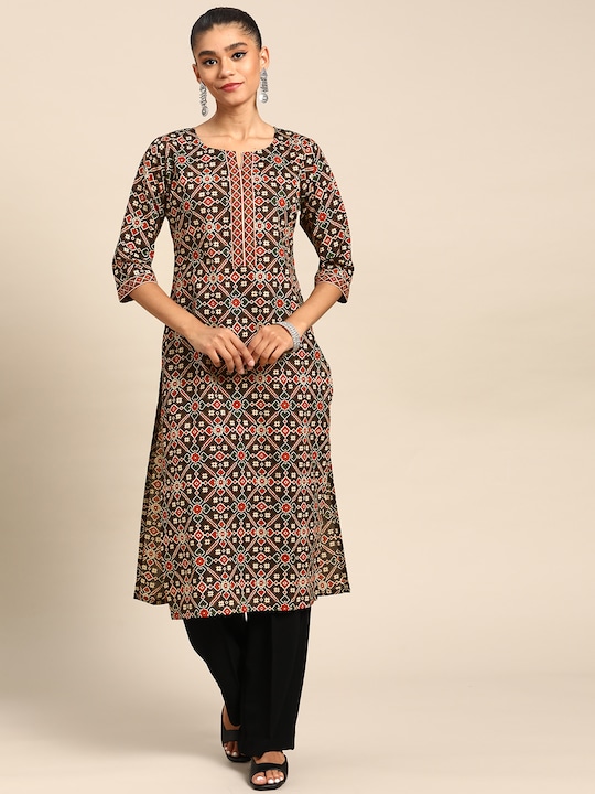 GERUA - Women Black & Maroon Ethnic Motifs Printed Kurta