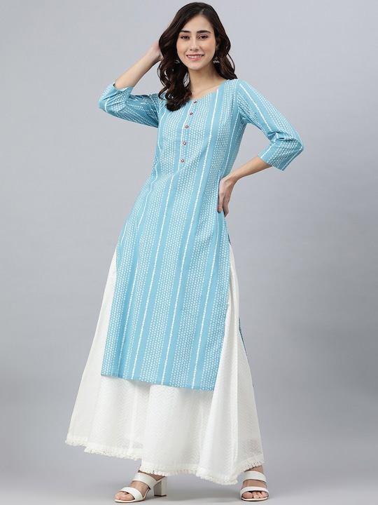 Janasya - Women Blue Cotton Striped Straight Kurta