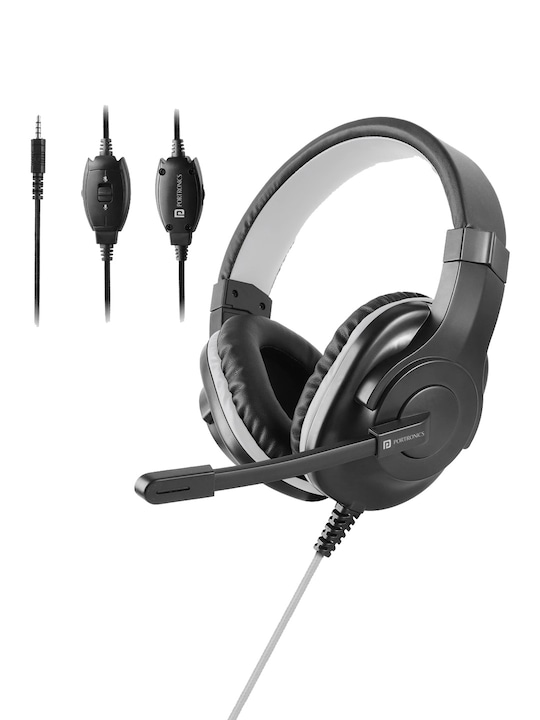 Portronics - Grey & Black Solid Over-Ear Wired Earphones With Mic