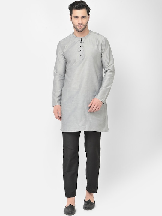 DEYANN - Men Silver-Coloured Solid Cotton Kurta