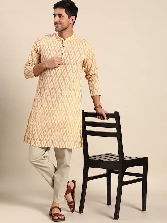 Anouk - Men Beige Pure Cotton Ikkat Inspired Print Kurta