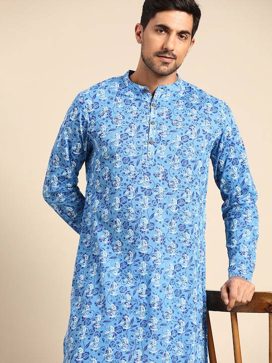 Anouk - Men Blue & White Floral Printed Kurta