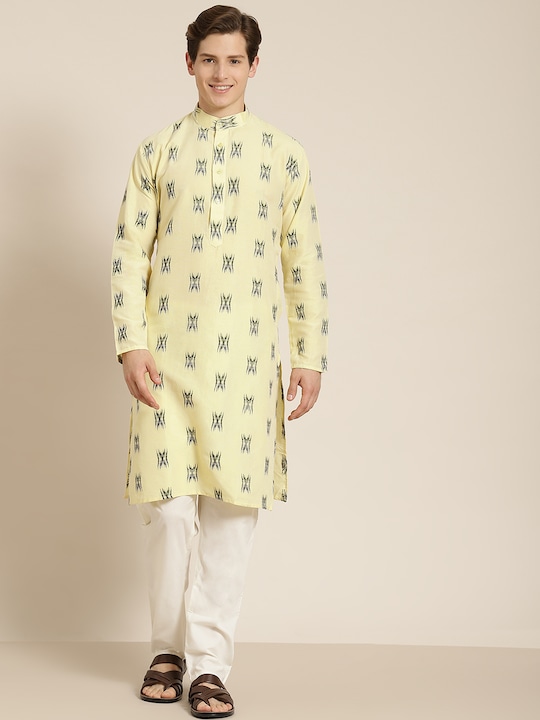 SOJANYA - Men Yellow & Black Pure Cotton Self Design Kurta
