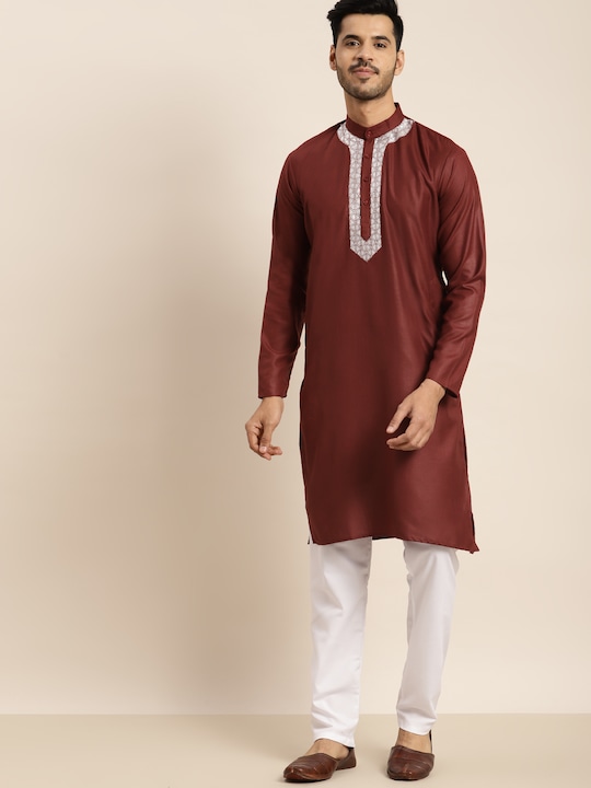 SOJANYA - Men Maroon Embroidered Pure Cotton Kurta with Churidar