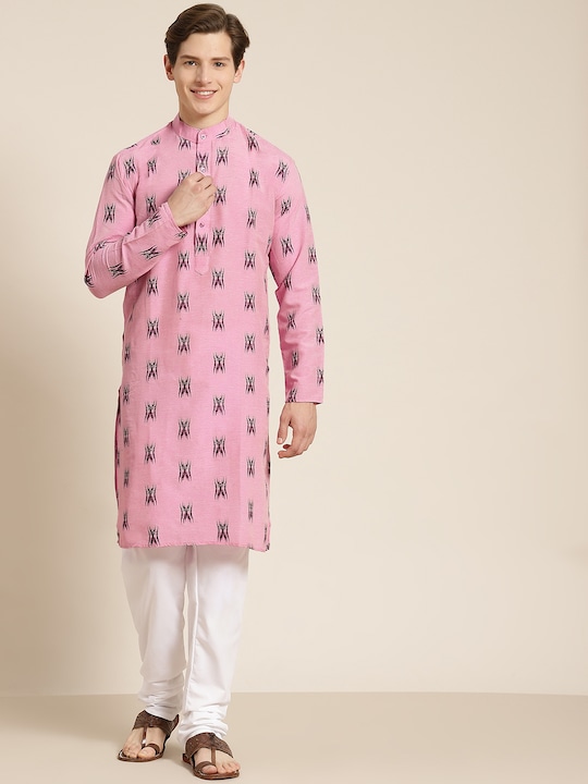 SOJANYA - Men Pink Pure Cotton Self Design Kurta with Churidar
