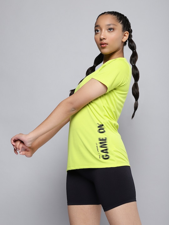 HRX by Hrithik Roshan - HRX By Hrithik Roshan Active Girls Neon Lime Rapid-Dry Typography Tshirt