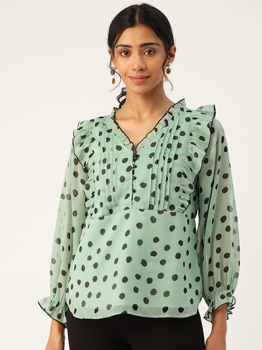 Antheaa - Women Sea Green & Black Polka Dot Printed Top