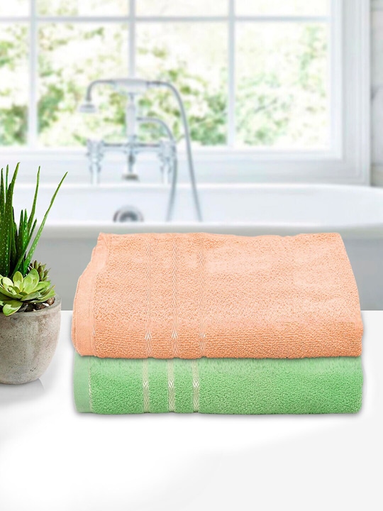 Kuber Industries - Set Of 2 Solid Green & Peach 210 GSM Pure Cotton Bath Towels