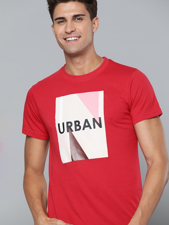 HERE&NOW - Men Red & Black Typography Printed T-shirt
