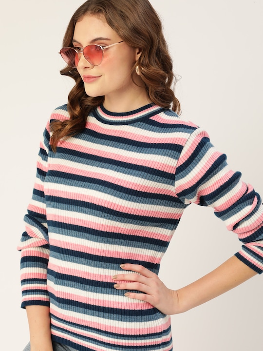 DressBerry - Women Navy Blue & Pink Striped Pullover