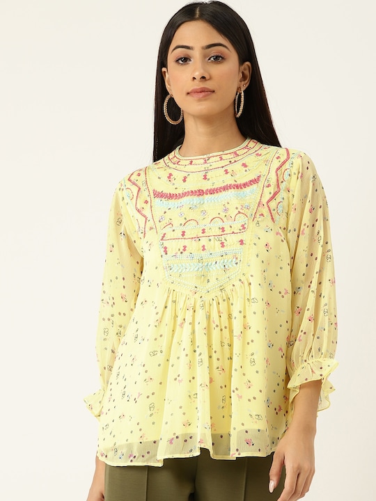Antheaa - Women Yellow & Blue Floral Print Embroidered Chiffon Top