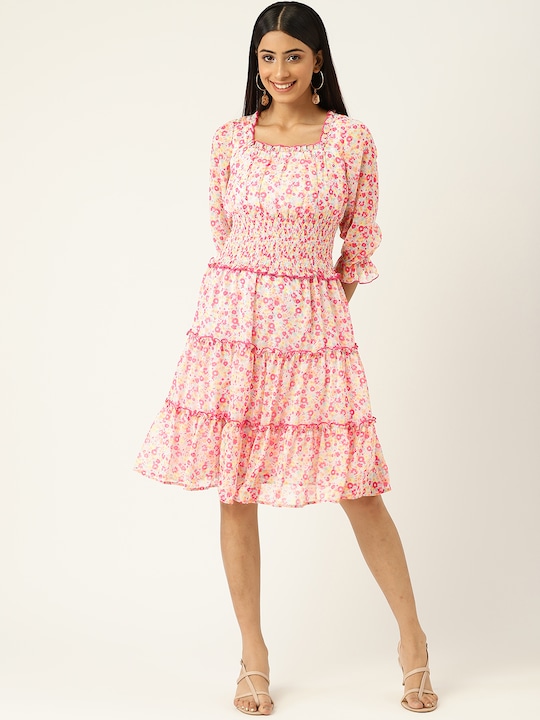 Antheaa - Women White & Pink Floral Printed Chiffon A-Line Dress