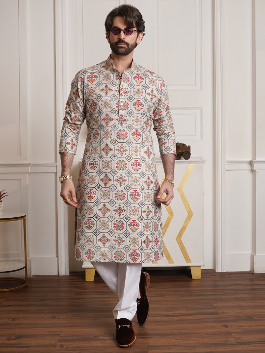 SOJANYA - Men Cream-Coloured & Red Ethnic Motifs Printed Kurta