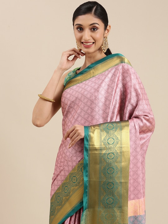 Mitera - Pink Ethnic Motifs Zari Silk Cotton Banarasi Saree