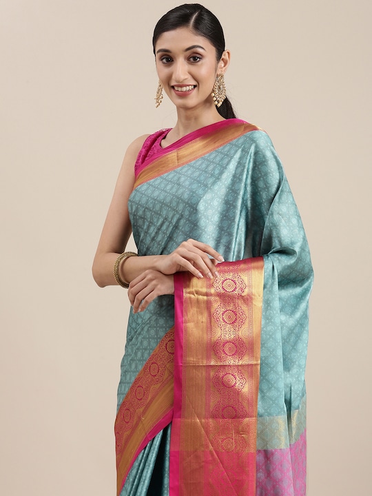 Mitera - Blue Ethnic Motifs Zari Silk Cotton Banarasi Saree