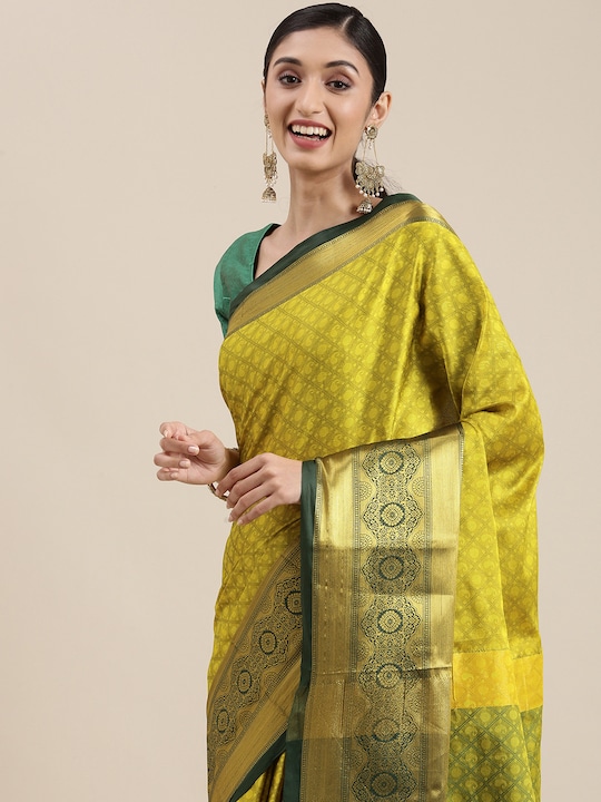 Mitera - Olive Green Ethnic Motifs Zari Silk Cotton Banarasi Saree