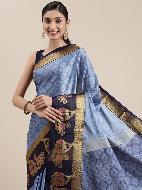 Mitera - Blue Ethnic Motifs Zari Silk Cotton Banarasi Saree