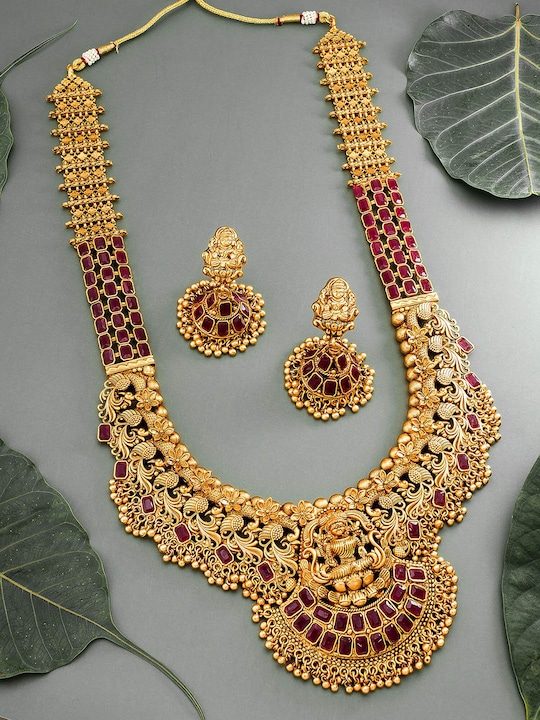 aadita - Aadita Red & Gold-Plated Matinee Temple Jewellery Set