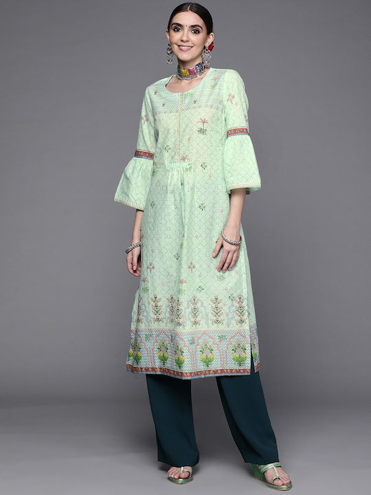 Biba - Women Mint Green & Blue Ethnic Motifs Printed Flared Sleeves A-line Pure Cotton Kurta