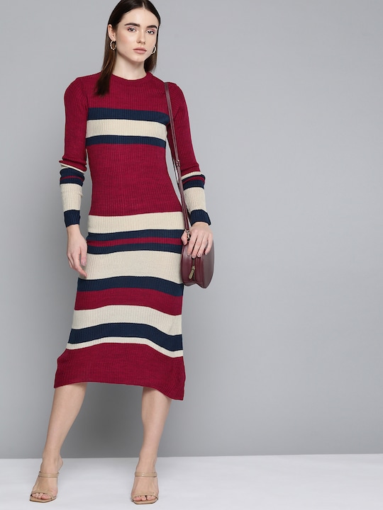 Chemistry - Maroon & Beige Striped  Sheath Midi Sweater Dress