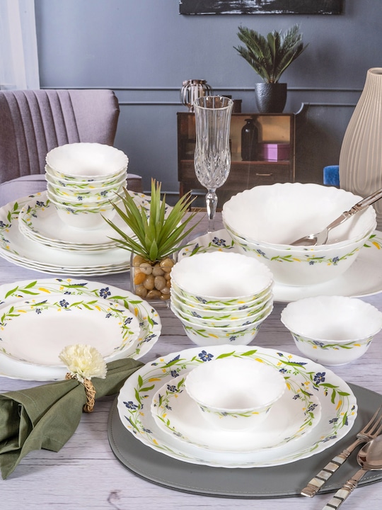 Cello - Set Of 33 White & Green Floral Printed Opalware Glossy Dinner Set