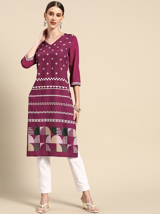 Anouk - Women Purple & White Geometric Printed Kurta