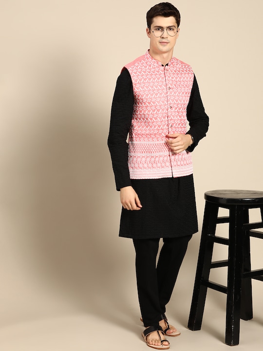 Anouk - Men Pink & White Embroidered Nehru Jacket
