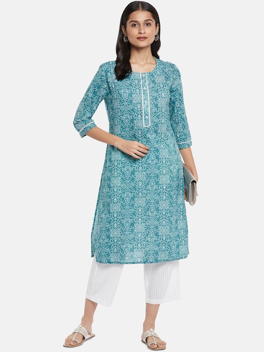 RANGMANCH BY PANTALOONS - Women Turquoise Blue Printed Pure Cotton Kurti with Trousers