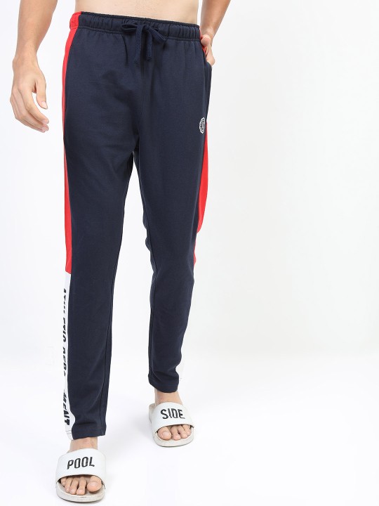 KETCH - Men Navy Blue & Red Typography Printed Track Pants