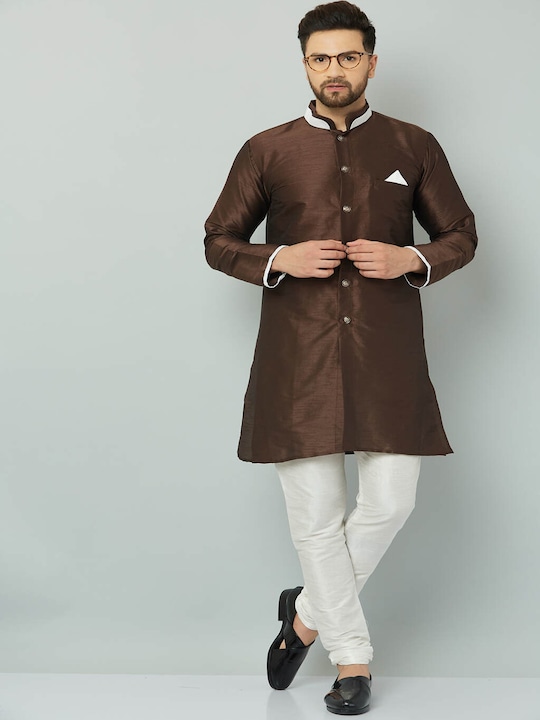 Kaifoo - Men Brown & White  Solid Sherwani
