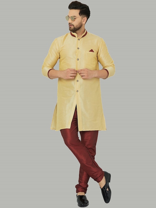 Kaifoo - Men Gold-Coloured & Maroon Solid Sherwani Set