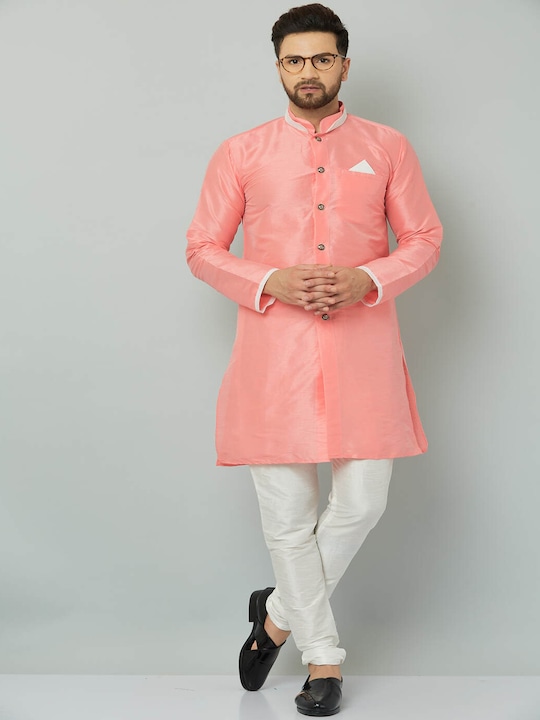 Kaifoo - Men Pink & White Solid Sherwani Set