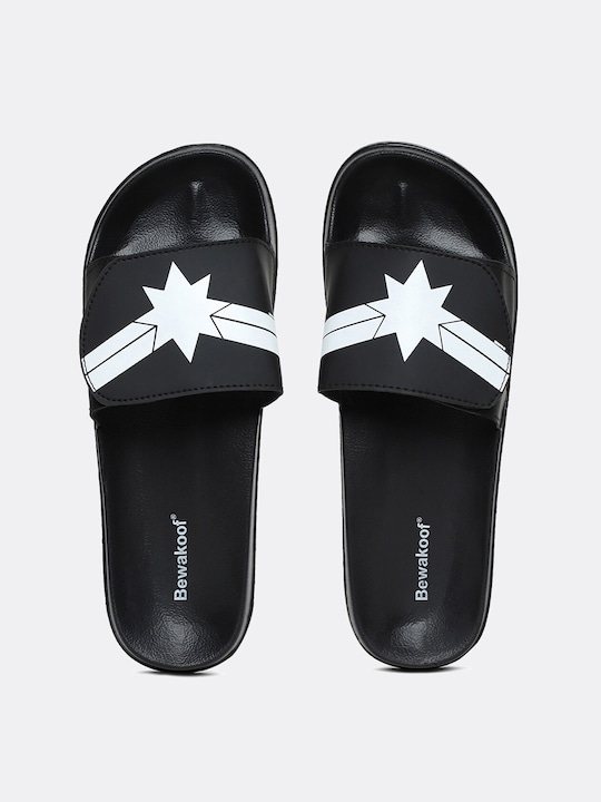 Bewakoof - Women Black & White Printed Rubber Sliders