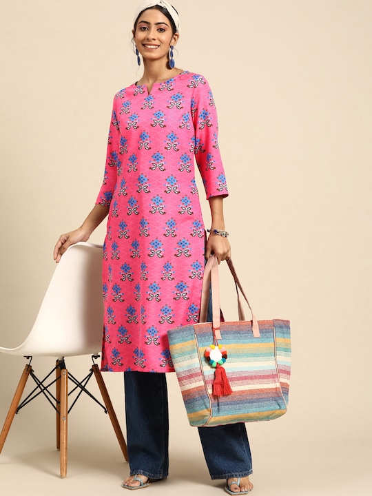 Sangria - Women Pink & Blue Floral Print Kurta