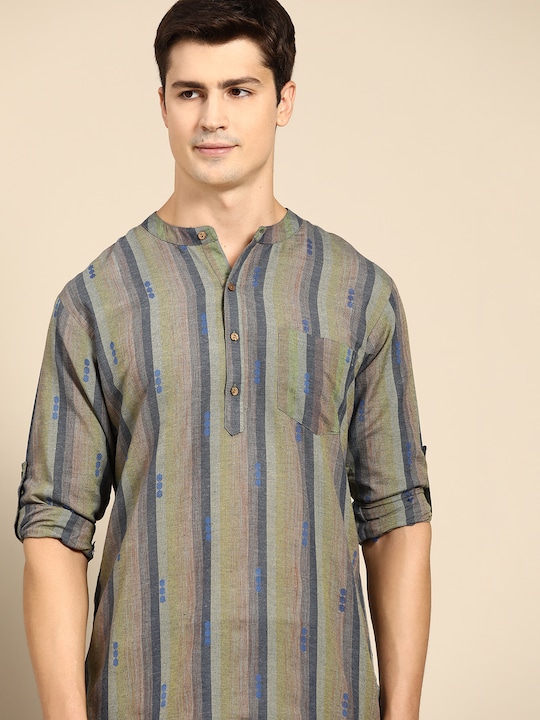 Anouk - Men Green & Purple Striped Thread Work Kurta