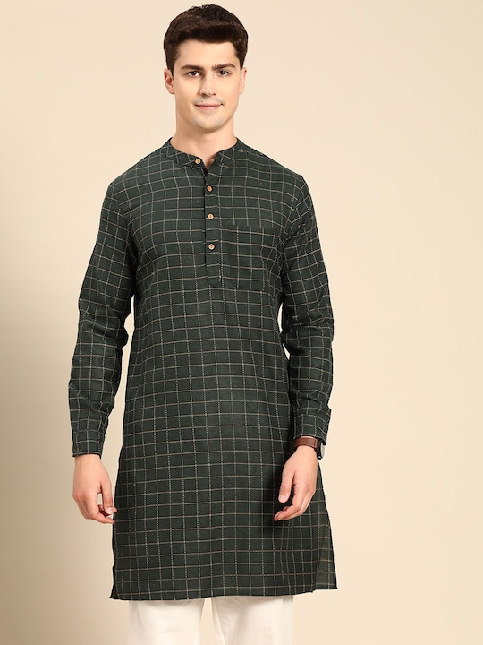 Anouk - Men Green & Beige Embroidered Thread Work Kurta