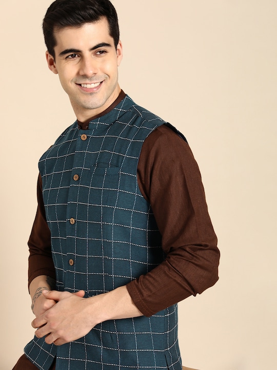 Anouk - Men Navy Blue Checked Pure Cotton Nehru Jacket